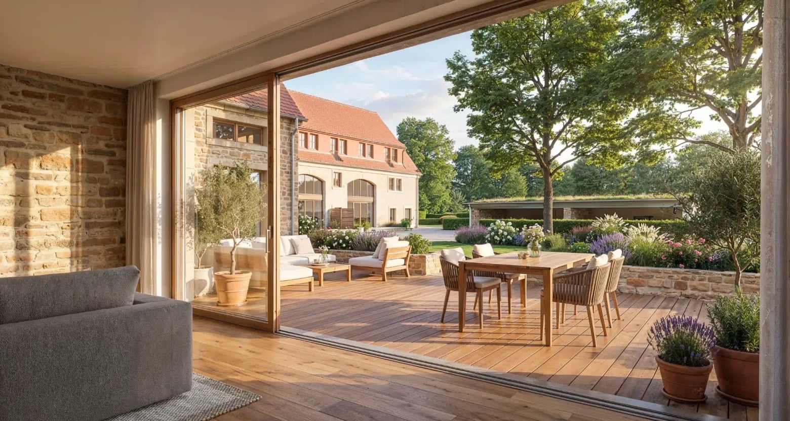 BaumGut Bannewitz — Terrasse mit Gartenblick über den Hof in die Landschaft