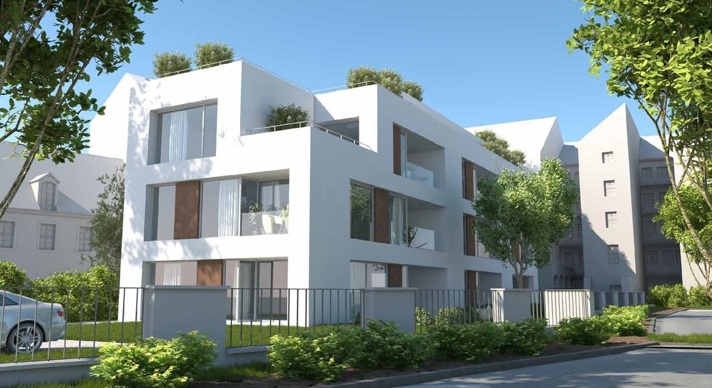 Heinrichhöfe Dresden — moderner weißer Neubau zur Gartenseite mit begrünten Dachterrassen, bodentiefen Fenstern und Vorgärten