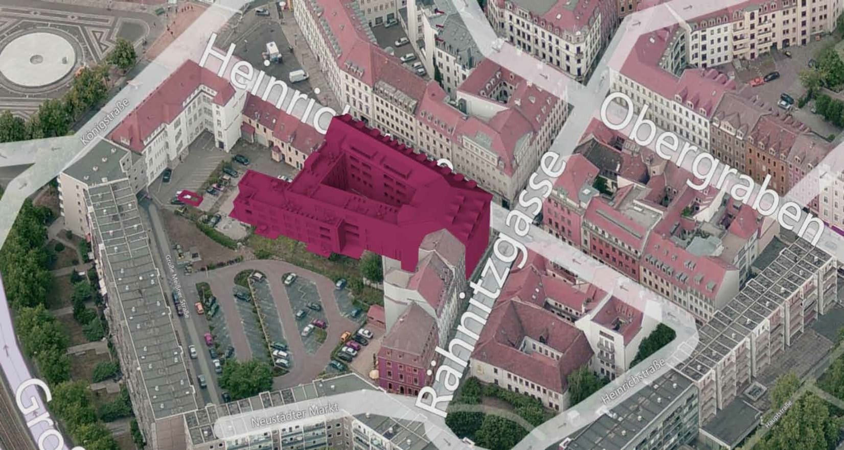 Luftbild-Karte der Inneren Neustadt Dresden mit markiertem Baufeld der Heinrichhöfe zwischen Heinrichstraße, Rähnitzgasse und Obergraben, nahe Königstraße und Neustädter Markt