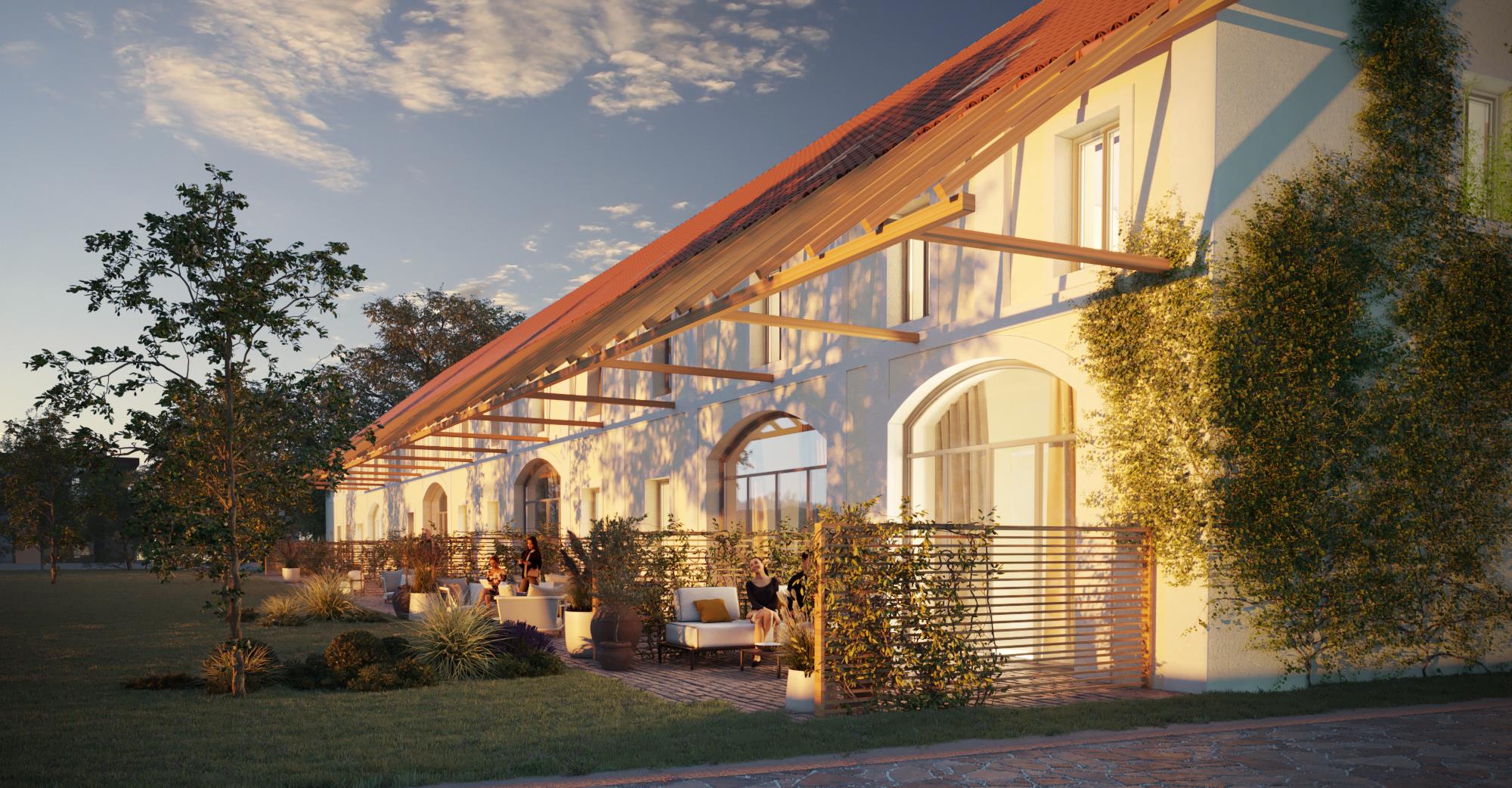 Rittergut Seifersdorf — Wintergarten und Terrasse bei Sonnenuntergang