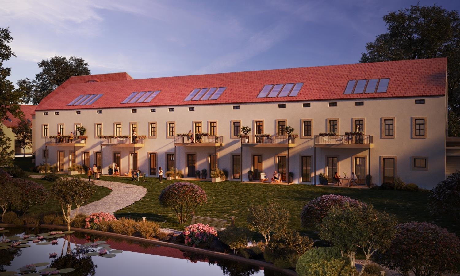 Visualisierung des Burghofs von der Gartenseite mit langgestreckter Fassade, Balkonen, rotem Ziegeldach und Teich im Vordergrund