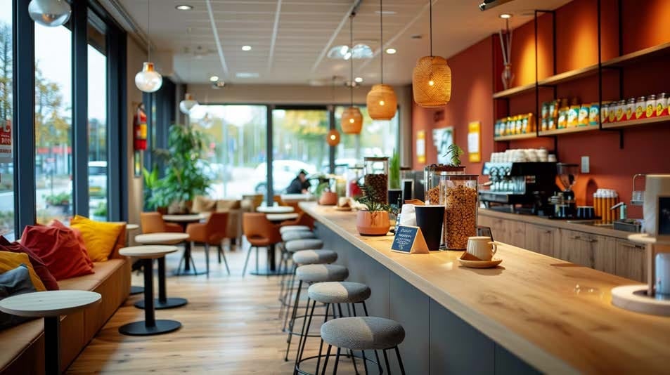 Social Hub Dresden — Social Daily Café mit langer Theke und Sitzbereich im Erdgeschoss