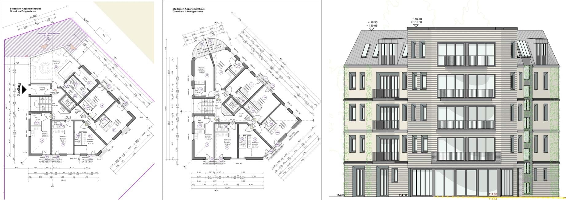 Social Hub Dresden — Grundrisse Erdgeschoss und 1. Obergeschoss des Studenten-Appartementhauses mit Fassadenansicht