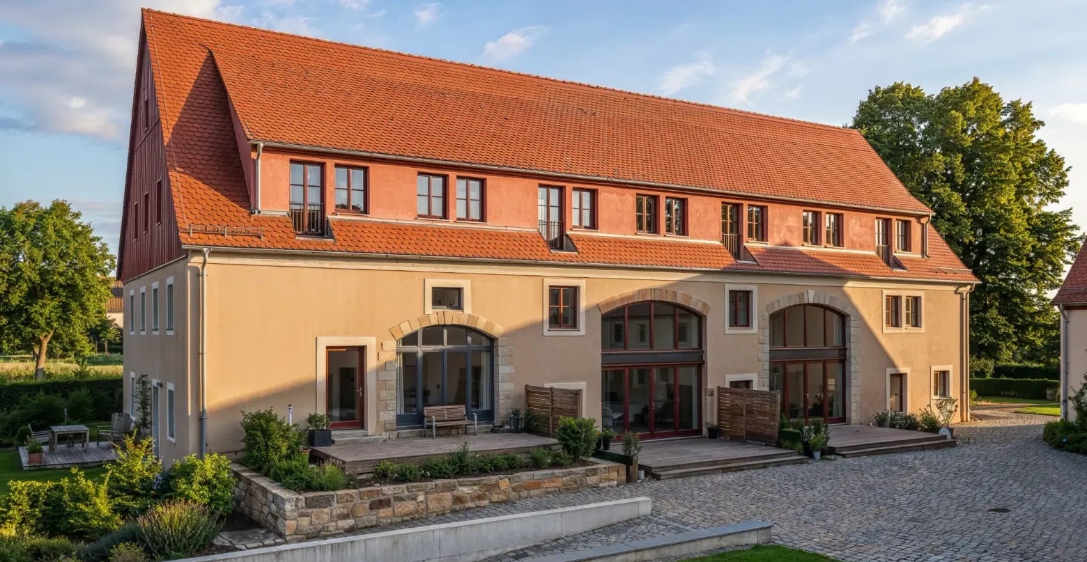 Die historische Scheune mit markantem Satteldach, drei großen Rundbogenfenstern und Holzterrassen im Abendlicht