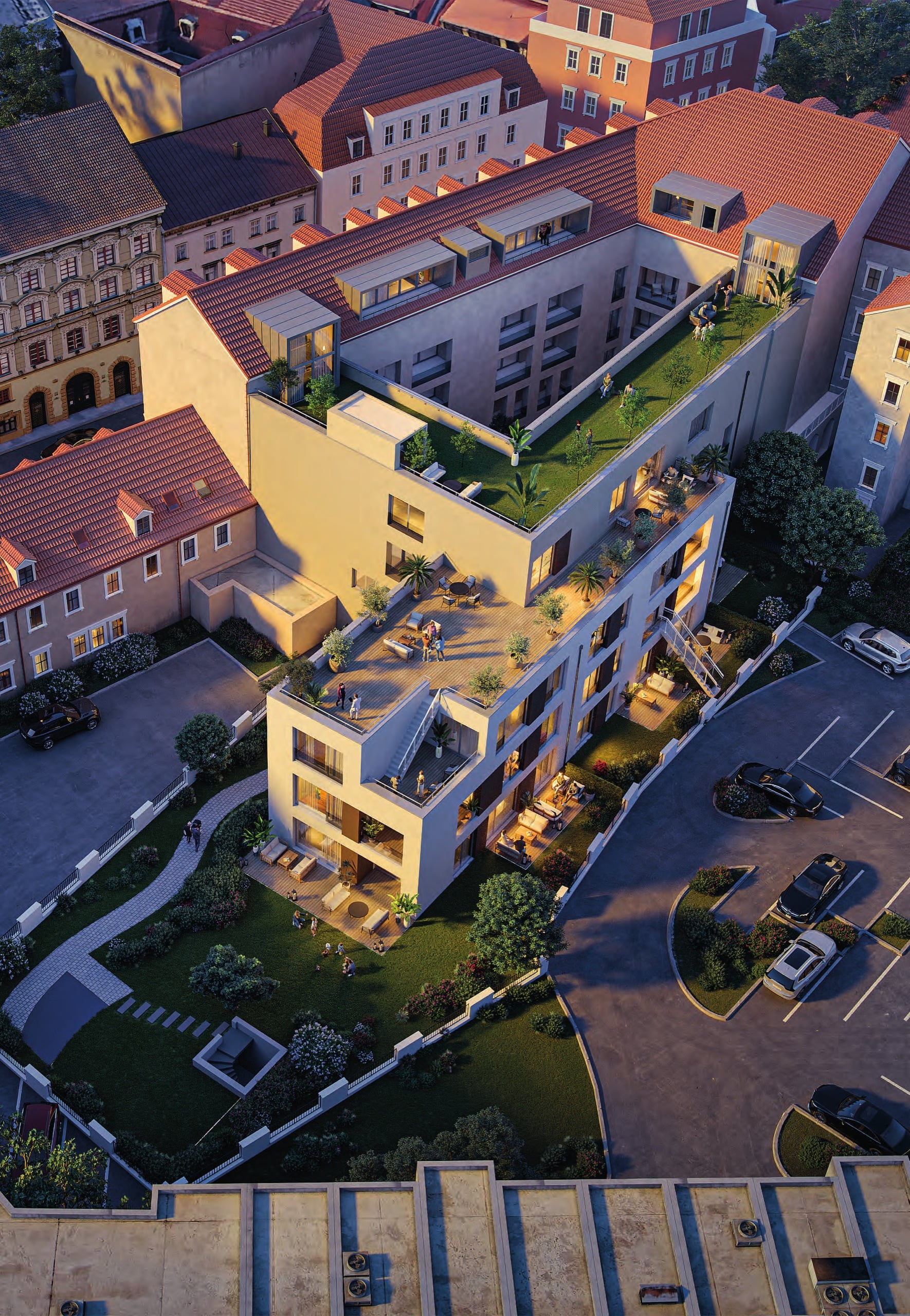 Heinrichhöfe Dresden — Luftbild-Rendering des Gesamtensembles mit begrünten Dachterrassen