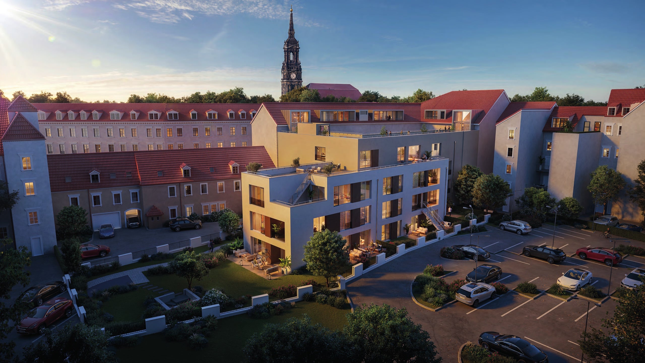 Heinrichhöfe Dresden — Abendrendering des Innenhofs mit Neubau, Altbaudächern und der Dreikönigskirche im Hintergrund
