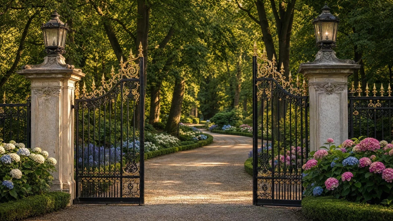 Parkresidenz Billtal — Hamburger Kaufmannstor mit privater Parkzufahrt, Hortensien und altem Baumbestand
