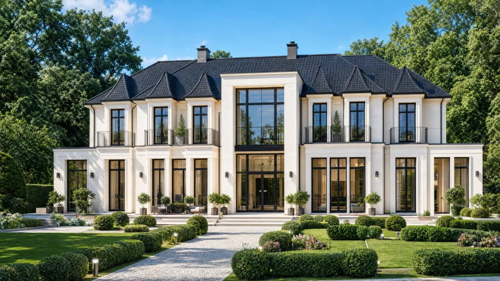 Symmetrische Parkvilla mit cremeweißem Putz, großzügigen Glasfronten, schwarzem Walmdach und breitem Eingang hinter formal angelegtem Vorgarten