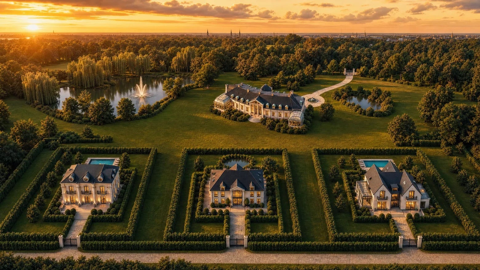 Parkresidenz Billtal — Luftaufnahme des Ensembles bei Sonnenuntergang: Hauptvilla am Teich mit Fontäne, drei Residenzen im privaten Park