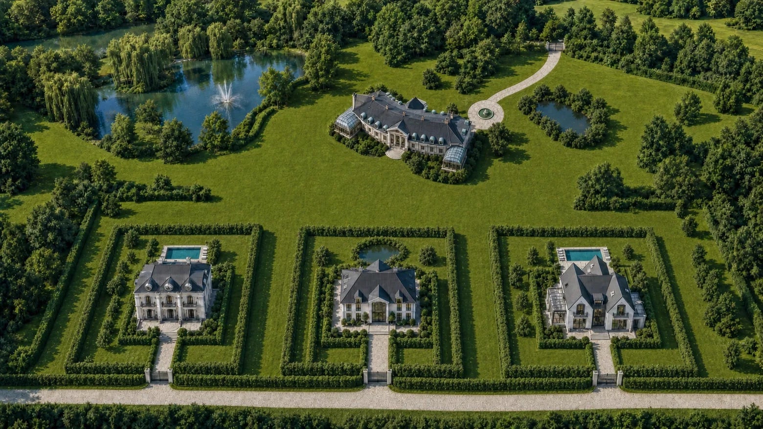 Parkresidenz Billtal — Luftaufnahme mit den Positionen aller vier Residenzen: Hauptvilla, Doppelhaus, Parkvilla und Moderne Villa