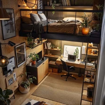 Wohnwelt Lykke Studio — Hochbett über dem Wohn- und Arbeitsbereich mit Schreibtisch, Wandflächen in Holzoptik und warme Beleuchtung mit Lichterketten