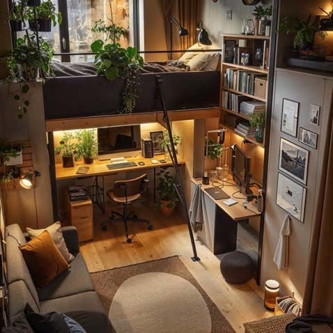 Wohnwelt Nordviken Nook — kompakte Studierecke mit Monitor-Arbeitsplatz und Bücherregal unter der Hochbett-Galerie, Pflanzen auf der Galerie-Ebene