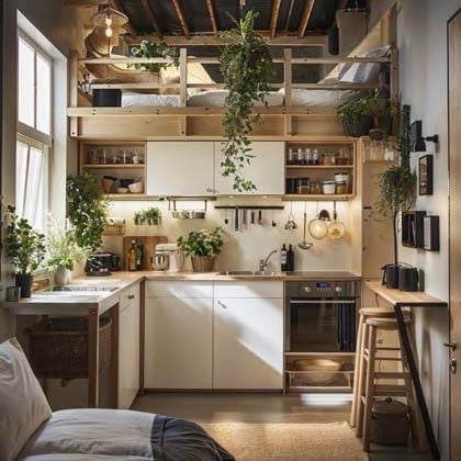 Wohnwelt Skärgård Loft — helle Küchenzeile aus hellem Holz mit offenen Regalen unter der Hochbett-Galerie, viel Tageslicht und Grünpflanzen