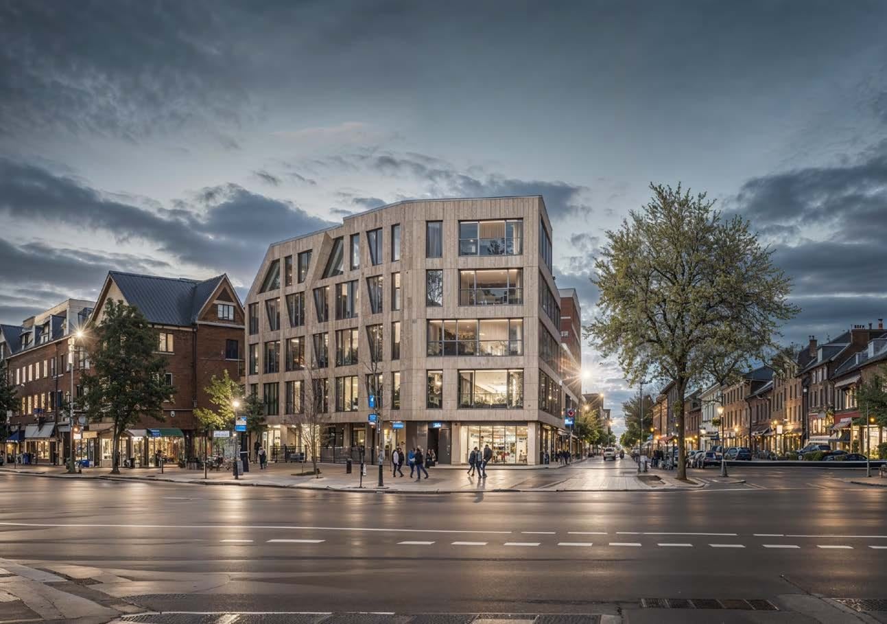 Social Hub Dresden — Rendering des fünfgeschossigen Eckgebäudes in der Bärensteiner Straße bei Dämmerung